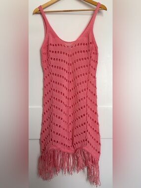 Aolro Pink Open Crochet Knit Pointelle Fringe Swim Coverup Dress Large
